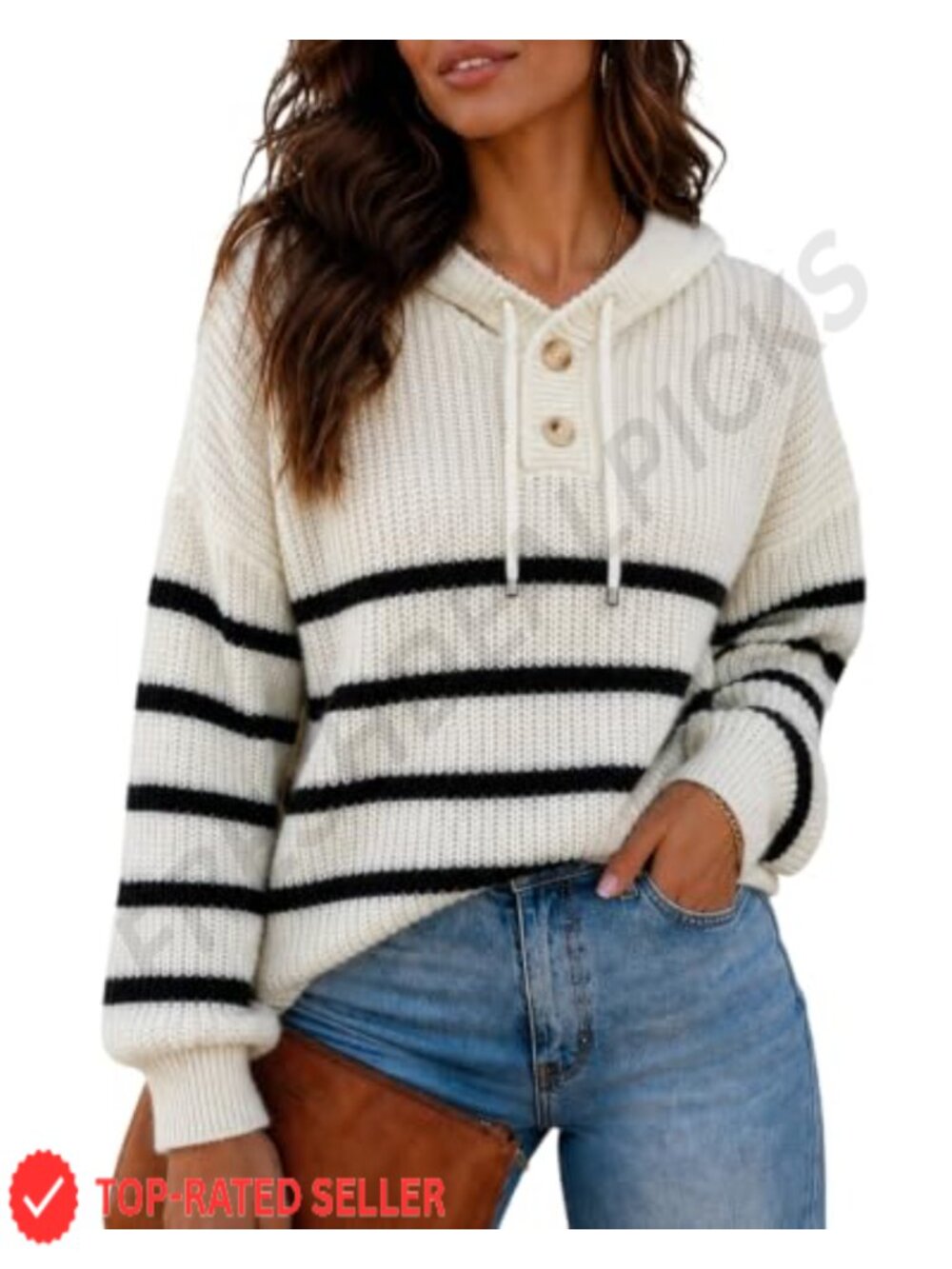 Waffle Knit Oversized Hoodie Sweater Pullover Striped